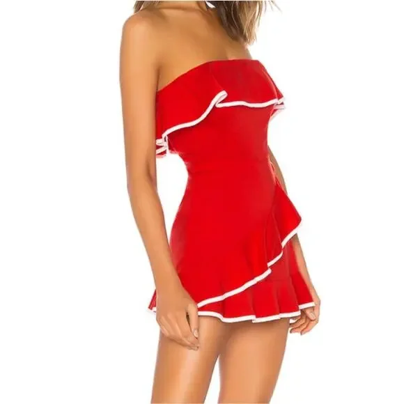 Tularosa Carrie Romper Bright Red Shorts Ruffle Strapless Lg - Picture 2 of 5